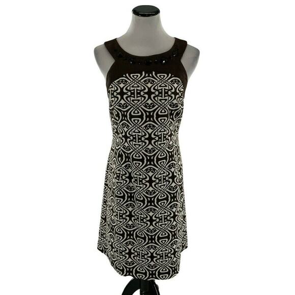 Ann Taylor Dress Women Sz 6 Back Zip Tribal Pattern Textured Jeweled Neck Sheath - Picture 1 of 9